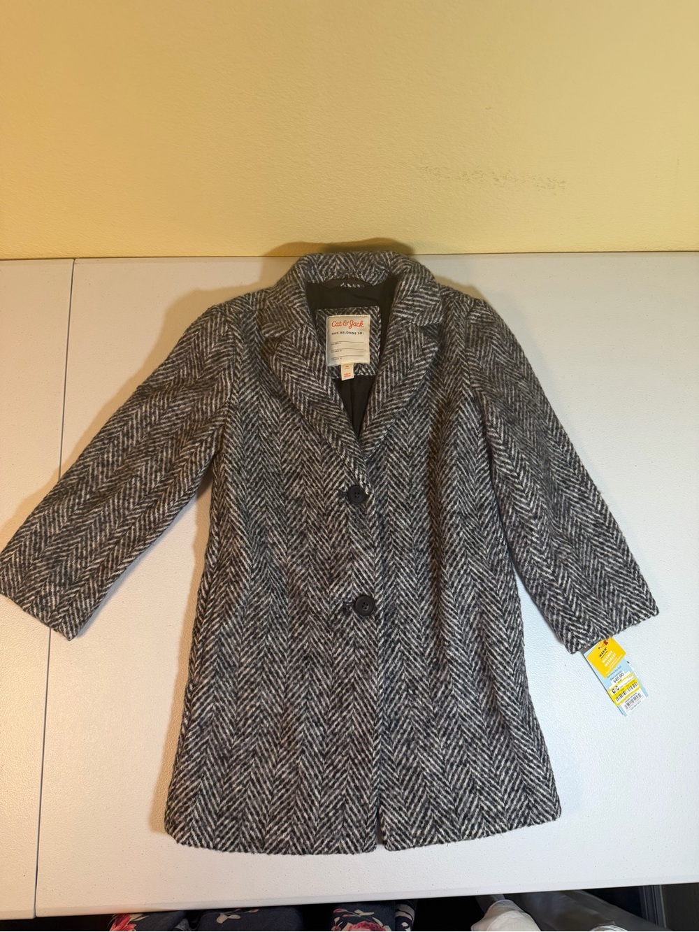 Cat & Jack Girls Herringbone Peacoat Gray Black Button Front Coat XS - Picture 7 of 8